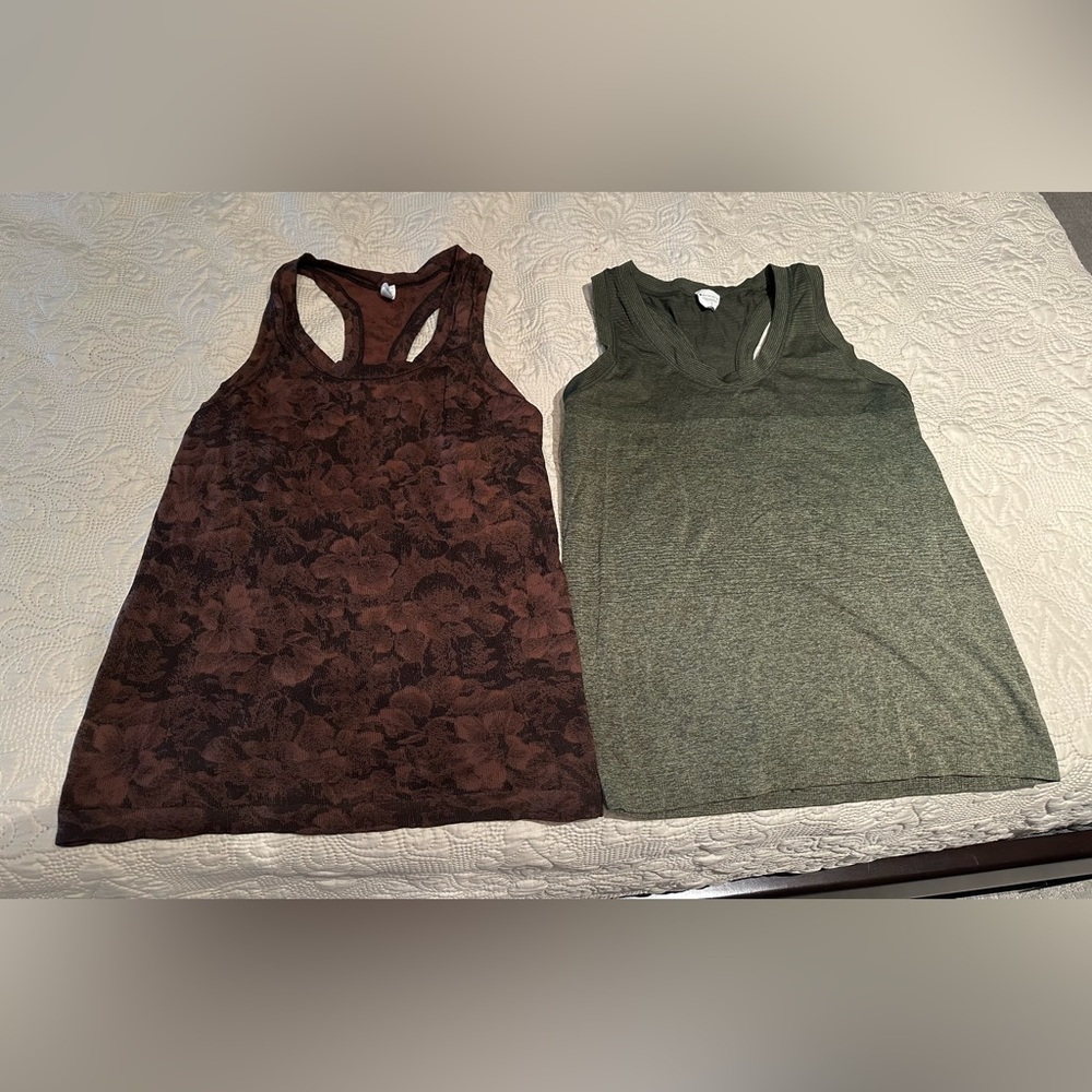 Women's Athleta Racerback Tank Tops - Olive Green and Brown Floral
